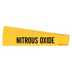 Yellow adhesive pipe marker with black legend reading 'Nitrous Oxide'. Designed for pipes with outer diameter of 8 inches and larger. Pack of 5 markers without arrows. Used to identify piping systems carrying nitrous oxide gas.