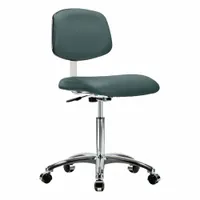 This armless cleanroom task chair is constructed with a vinyl seat and an aluminum base, rated for ISO 4 environments. It offers a height range of 21 1/2 in to 29 in, with a seat width of 18 1/2 in and seat depth of 17 in. The chair is not ESD safe and does not include foot support. Suitable for controlled environments requiring particle control