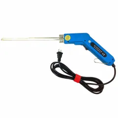 Handheld hot knife foam cutter with a 10-inch blade, designed for cutting Styrofoam workpiece material. Used for shaping insulation, fabricating packaging, and crafting foam sheets and blocks in workshop and industrial settings.
