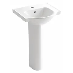This KOHLER pedestal bathroom sink is made of vitreous china in a white finish. It has a rectangular shape with an overall height of 35-1/2 inches and an overall length of 21 inches. Designed for use in residential or commercial washrooms, it provides a hand-washing station without a faucet, allowing selection of compatible tapware.