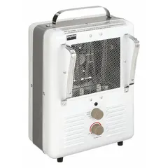 Portable electric heater with 1.3kW/1.5kW wattage output, 120V AC, single phase, and NEMA 5-15P plug. Includes power indicator light and manual-reset thermal overheat protection. Dimensions: 16 in H x 8 in W x 10 in D. Suitable for supplemental heating in jobsites, garages, and workshops.