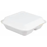White square hinged-lid container made of molded fiber. Microwave safe. Suitable for takeout, meal prep, and food storage in commercial kitchens, cafeterias, and catering operations. Pack of 200