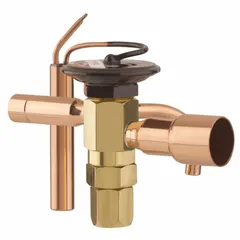 Thermostatic expansion valve for R-22 refrigerant systems. Features a 0.5 ton capacity, 1/2 inch female connection, and field-adjustable superheat. Used to regulate refrigerant flow into evaporators in commercial refrigeration and HVAC applications.