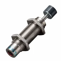 Steel industrial shock absorber with a force rating of 4.9 N. Used to decelerate moving loads and reduce impact forces in machinery such as automation, packaging, and material handling systems
