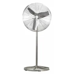 Industrial pedestal fan with 24-inch blade diameter, powered by a 1/4 hp motor. Single-speed, non-oscillating operation on 115/230V AC single-phase power. Washdown-rated for use in environments requiring stationary airflow and resistance to moisture or cleaning.