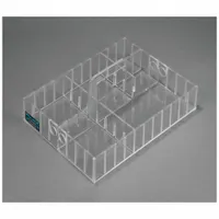 Clear polycarbonate caddy for organizing IV start supplies, phlebotomy supplies, vaccine administration supplies, syringes, and alcohol wipes. Overall dimensions: 12 5/8 in length, 9 1/4 in width, 2 1/2 in height. Transparent construction allows quick visual inventory checks in clinical settings