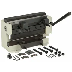 Manual combination machine for bending and shearing sheet metal. Features a 20 ga brake capacity in steel and an 8 in finger width for shear operations. Suitable for fabrication shops and light-gauge metal forming tasks.