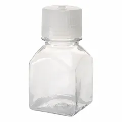 This 125 mL (4 fl oz) polycarbonate rectangular bottle is colorless and graduated for volume measurement. It features an attached 38-430 mm screw closure for secure sealing. Suitable for general laboratory use including measuring, storing, and dispensing liquids.