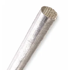 This heat-reflective sleeving is made of silver fiberglass and measures 3/4 in inside diameter by 50 ft length. It operates from -76°F to 1,200°F and is RoHS compliant. Used to protect cables and hoses from extreme heat in high-temperature environments such as industrial furnaces and engine compartments.