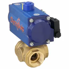 This L-port brass ball valve is pneumatically actuated with a 115V AC pilot solenoid. It features a 1 1/2 inch size and FNPT x FNPT x FNPT connections. Used for diverting or mixing flow in industrial piping systems.