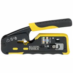 This ratchet crimper terminates Pass Thru RJ-45, RJ-11, and RJ-12 connectors onto Cat3, Cat5e, Cat6, and Cat6A data cables. It includes a built-in wire stripper for preparing cable ends before crimping non-insulated connectors. Suitable for network and telecommunications installations.