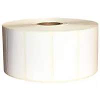 White matte direct thermal label with permanent adhesive, perforated for easy separation. Designed for desktop barcode printers, suitable for asset tracking, inventory labeling, and shipping applications