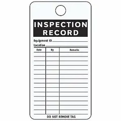 Tag: Inspection, 3 in Wd, 4 1/4 in Ht, White, Rectangle, Aluminum, Indoor, 0.02 in Thick, 25 PK (MPN IL-GENE). Key specifications — Material: Aluminum.