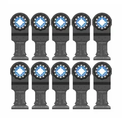 Carbide plunge cutting blade for oscillating tools with Starlock mount. Overall length 4 in, blade width 1 1/4 in. Suitable for plunge cutting in wood. Sold in a 10-pack.