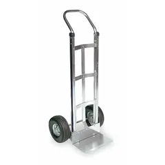 Flow-back hand truck with a silver aluminum frame and pneumatic tires. Handle height is 48 inches. Suitable for transporting loads in industrial, warehouse, and commercial environments where corrosion resistance is required.
