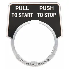 Half-round legend plate for push-button stations, 2 in overall height by 1 3/4 in overall width. Constructed of silver metallic aluminum with black legend and notch, engraved 'Start-Stop' in English. Suitable for labeling operator controls in industrial control panels.