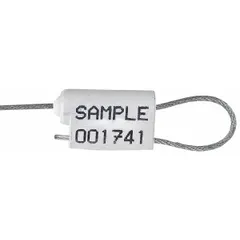 Zinc adjustable-length cable seals with 12-inch cable length and 1/16-inch diameter. Black marking reads 'Sealed' with random numbering. Supplied in a 250-pack. Used to secure and tamper-evidence containers, meters, and valves.