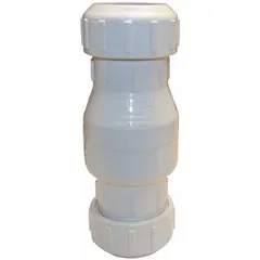 PVC swing check valve with inline valve body for water media. Features 1-1/2 in pipe size and female connections. Used in sump pump discharge lines, irrigation, and wastewater systems to prevent backflow.