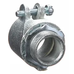 Non-insulated straight connector with squeeze clamp for terminating MC cable to junction boxes or enclosures. Iron construction with gray finish, 3/4 in trade size, and 3/4 in MNPT threads. cULus Listed.