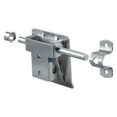 This zinc door bolt is designed for manual locking of outbuilding doors such as garages and sheds. It measures 4 1/4 inches in height, 4 1/4 inches in width, and 6 7/8 inches in length. Suitable for residential or light commercial applications where a simple sliding bolt mechanism is required.