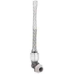 Aluminum 90° cord grip with stainless steel mesh strain relief, 3/4 in MNPT connection. Accepts cord diameters 0.63 to 0.75 in. Rated Class I, Division 2 for hazardous locations. Used to secure and protect cables in industrial environments where flammable gases or vapors may be present.