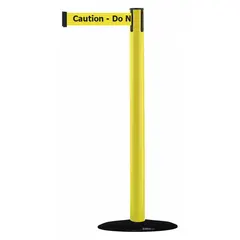 Yellow plastic post with retractable yellow belt printed with black 'Caution Do Not Enter' message. Cast iron base provides stability. Belt length 7 1/2 ft. Used to cordon off restricted areas and manage pedestrian traffic.
