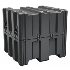 This heavy-duty ribbed protective transport case features a single lid with latch closures and a folding handle. It is constructed for safeguarding equipment during transport or storage. The case weighs 86 lb and is supplied without foam or wheels, allowing customization for specific tools or instruments.