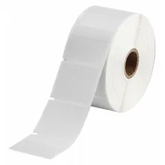 Precut vinyl wraparound label for permanent wire and cable identification. White matte finish, sized 1/2 in x 1 3/4 in, suitable for wire gauges 10 AWG to 4 AWG. Requires R4313 ribbon for printing with THT series printers. Commonly used in industrial control panels, electrical installations, and maintenance applications.