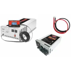 This multi-unit inverter with battery charger converts 10.5 to 15V DC input to 120V AC modified sine wave output, delivering 5000 W peak power. It also charges batteries from 105 to 130V AC mains, with charger output voltage adjustable between 13.2V and 14.4V. Suitable for powering tools, pumps, and controls in off-grid or backup applications.
