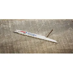 Bi-metal demolition blade for reciprocating saws. 9 in length, 0.06 in thickness, 10 teeth per inch. Suitable for rigid straight cuts and curved cuts in metal, wood, and nail-embedded materials. Sold in a 5-pack.