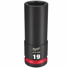 This 1/2" drive impact socket features a 19 mm metric, 6-point, deep configuration with friction retention. The black phosphate finish provides corrosion resistance. Designed for use with impact tools in industrial fastening applications, it is suitable for high-torque fastening and loosening of 19 mm hex fasteners.