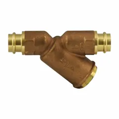 This APOLLO bronze Y strainer features a 302 stainless steel screen and EPDM seal. It has a compression connection, measures 5 5/8 inches in height and 9 1/2 inches in length. Used in plumbing, HVAC, and industrial systems to filter debris from liquid or gas lines, protecting downstream equipment.
