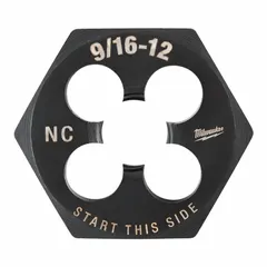 Solid hex rethreading die for cleaning or restoring damaged external threads on bolts, studs, or rods. Made from black oxide carbon steel with a 1 7/16 in hex width. Suitable for manual or tool-driven rethreading operations in maintenance, repair, and fabrication applications.