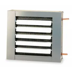 This suspended horizontal hydronic unit heater is designed for wall or ceiling mounting in commercial and industrial spaces. It delivers 18,400 BtuH output at 200°F water with 500 cfm air flow. Features include a 3/8-inch SWT connection and an OSHA-compliant fan guard. Overall dimensions are 16 in x 18 in x 9-1/2 in.