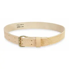 This leather tool belt is designed for ironworker applications, accommodating waist sizes from 36 to 44 inches. It is not padded and does not include pouches, allowing for custom tool organization. The tan finish provides a durable platform for carrying tools in construction and industrial settings.