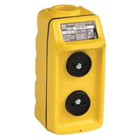 Thermoplastic pendant control station with two momentary push buttons (2NO) and a dead-end hub style. Rated 5 A at 600 V AC/DC. Enclosure meets NEMA 1, 3, 3R, 4, and 4X standards. Suitable for remote operation of cranes, hoists, and industrial machinery