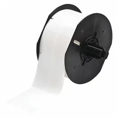 Vinyl, white (matte) precut label roll measuring 2 1/4 in x 1 in. Designed for wire gauges from 6 AWG to 0 AWG. Compatible with BBP33 printer series and requires B30-R4300 ribbon. Used for permanent identification of wires in industrial settings.