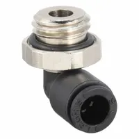 This nylon and nickel-plated brass elbow fitting connects 6 mm OD tubing to 12 mm pipe via a push-to-connect x metric interface. Suitable for pneumatic and fluid-handling systems in industrial automation, packaging, and material handling. Supplied in black as a 10-pack