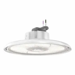 Round LED bay light with selectable lumen outputs of 24,000 lm, 27,000 lm, or 30,000 lm. Operates on 277 to 480V AC with a 4000K color temperature. Designed to replace (6) lamp T5HO fixtures. Suitable for high-bay applications in industrial spaces such as warehouses and factories.