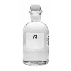 Glass BOD bottle with 300 mL capacity, narrow mouth, and colorless body. Features a pennyhead stopper closure. Height 165 mm, sequence number 73-96. Complies with ASTM/USP standards. Used for biochemical oxygen demand testing in water quality analysis.