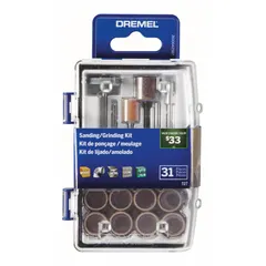 This 31-piece rotary tool accessory set includes a silicone carbide grinding stone and a storage case. All accessories feature a 1/8 in shank diameter, suitable for grinding, cutting, polishing, and engraving on metal, wood, and ceramic materials.