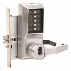 Mechanical keyless push-button entry lock for commercial and industrial doors. Operates without wiring or batteries, using a mechanical combination mechanism. Suitable for high-traffic areas such as offices, warehouses, and restricted access points.