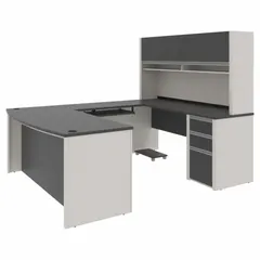 Laminate particle-board U-shaped desk from the Connexion Series. Sandstone finish with Slate desktop. Overall width 71 1/8 in, depth 92 5/8 in. Suitable for administrative and managerial workspaces requiring a large wraparound surface for multi-monitor setups and document organization.