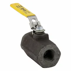 Carbon steel ball valve with straight body, full port ball port, and FNPT x FNPT connections. Equipped with a locking lever handle for secure manual operation. Used for on/off flow control in industrial piping systems handling oil, gas, water, or steam.