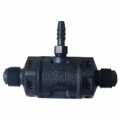 This dual check backflow preventer is designed for carbonated water lines in beverage dispensing systems. It features a plastic body with Flare x Flare connections, a 3/8 in pipe size, and a 14 gpm flow rate. EPDM seals ensure compatibility with carbonated water and soda syrup.