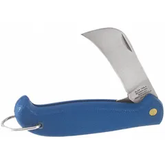 Folding knife with a 2-3/4 in stainless steel hawkbill blade for cutting and stripping wire insulation. Blue plastic handle. Overall length 6-3/4 in. Suitable for slicing cable jackets without damaging conductors in electrical work.