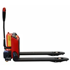This electric pallet jack features a narrow fork design with 21 in width across forks and 10 in between forks, constructed from steel. It operates on a 48V lithium-ion battery and has fork dimensions of 45 in length by 21 in width. Suitable for moving palletized loads in warehouses, distribution centers, and manufacturing facilities, particularly in tight aisles and confined spaces.