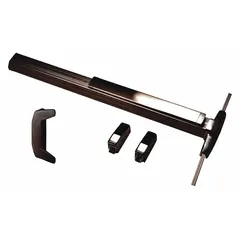 Surface vertical rod exit device with touchbar and dummy pull, designed for doors up to 3 ft wide. Bronze construction. Used on commercial doors requiring panic hardware for emergency egress, such as in schools, offices, and public buildings.