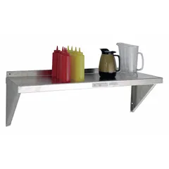 This aluminum solid wall-mount shelving from NEW AGE INDUSTRIAL measures 24 in x 15 in and supports up to 300 lb. Constructed of unfinished aluminum, it meets NSF standards for use in commercial kitchens, laboratories, and industrial workspaces where corrosion resistance and sanitary conditions are required.