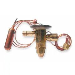 Thermostatic expansion valve for R-410A refrigerant systems. Nominal capacity of 5 tons with field-adjustable superheat. Features a 5/8 in female connection and includes a bulb strap. Used to regulate refrigerant flow into the evaporator in HVAC and refrigeration applications.